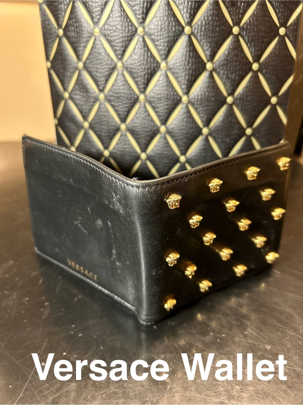 SALE Versace Black Leather Wallet with Gold Medusa Studs